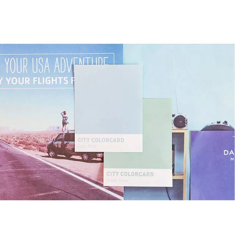 City-themed memo note cards showing four colour designs at 75x95mm size