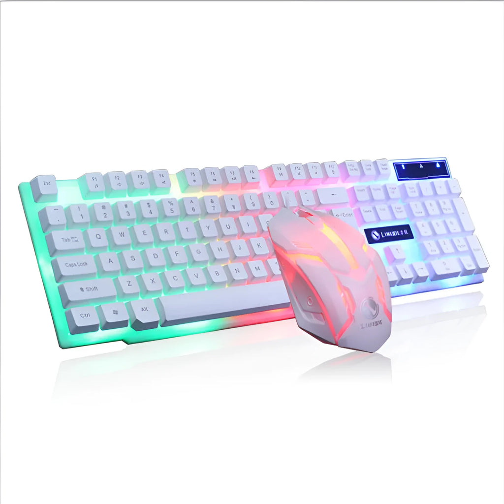 Limei GTX300 white and black gaming keyboard and mouse set on a desktop