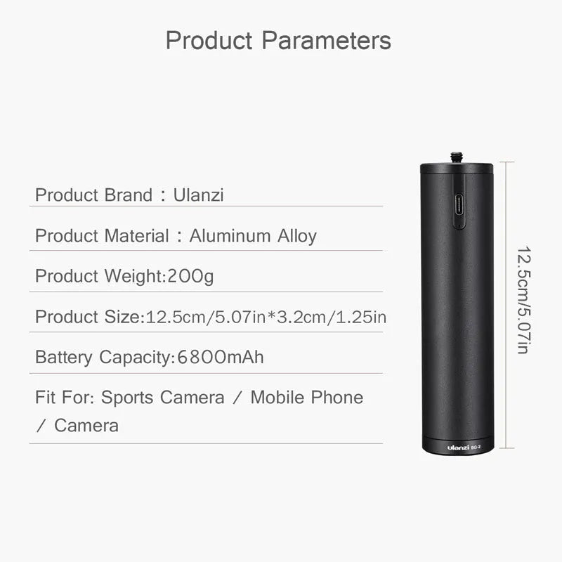 Black aluminium alloy charging treasure handle with 6800mAh battery capacity measuring 12.5cm
