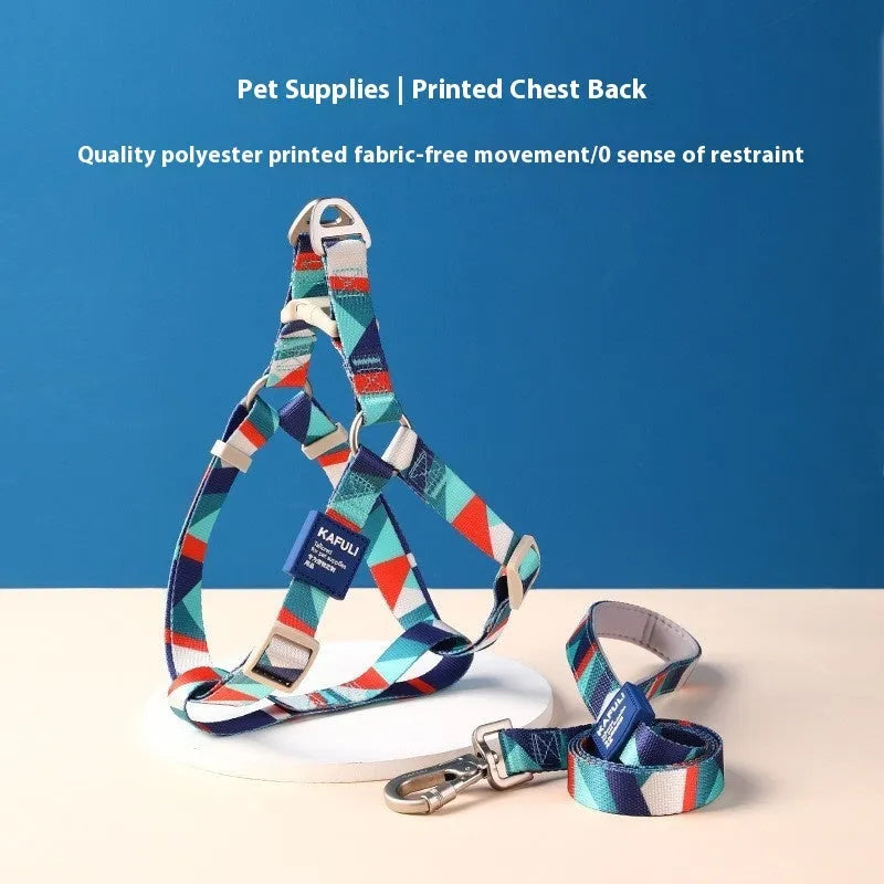 Dog harness and leash set in polyester fabric showing blue, pink and green colour options