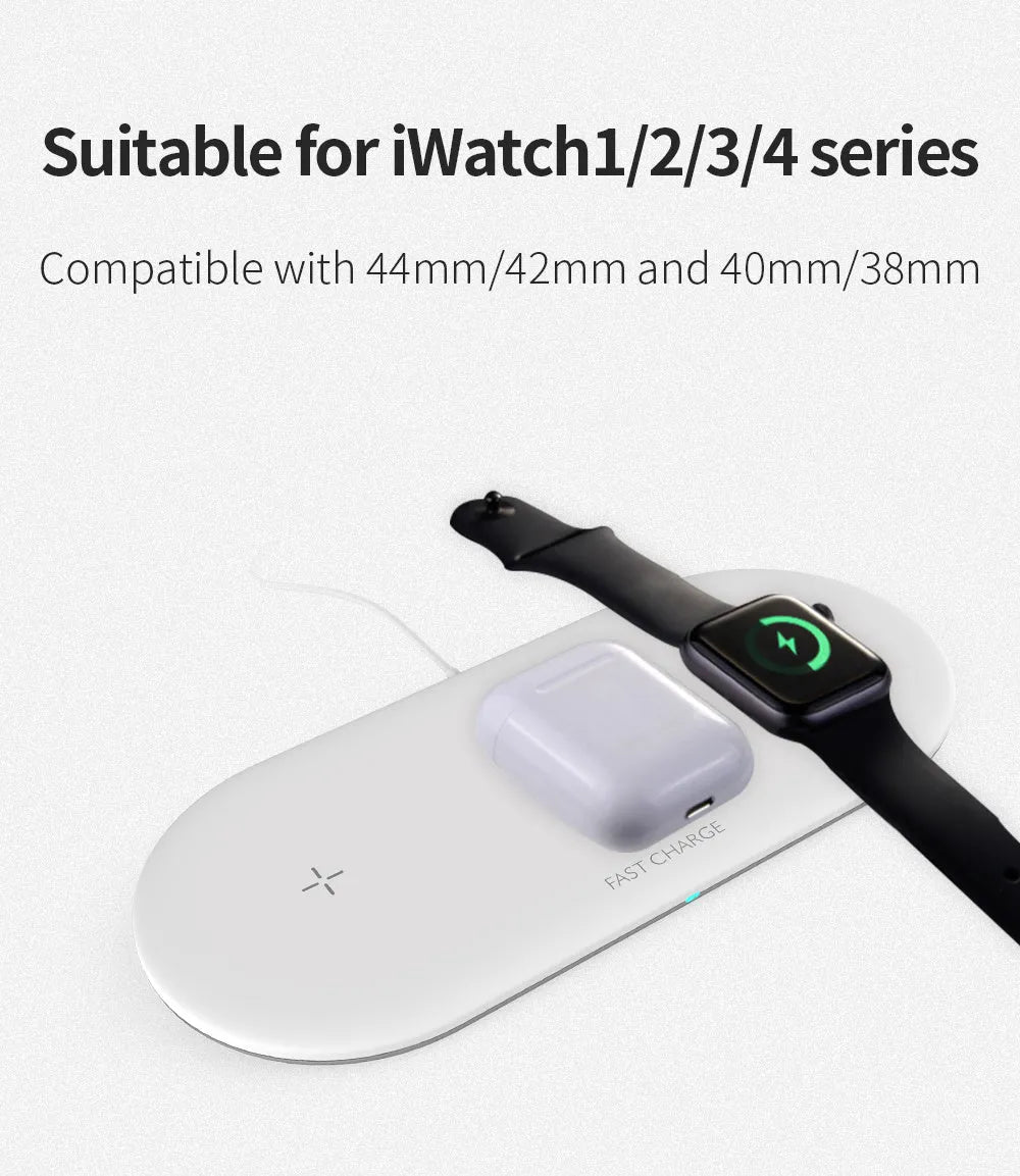 White 3-in-1 wireless charging station for Apple iPhone, watch and earbuds on a desktop