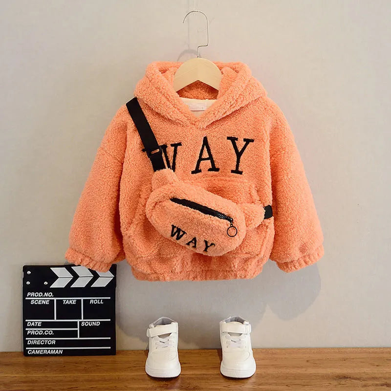Children's beige fleece jacket with hood featuring cartoon print and long sleeves