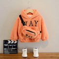 Children's beige fleece jacket with hood featuring cartoon print and long sleeves