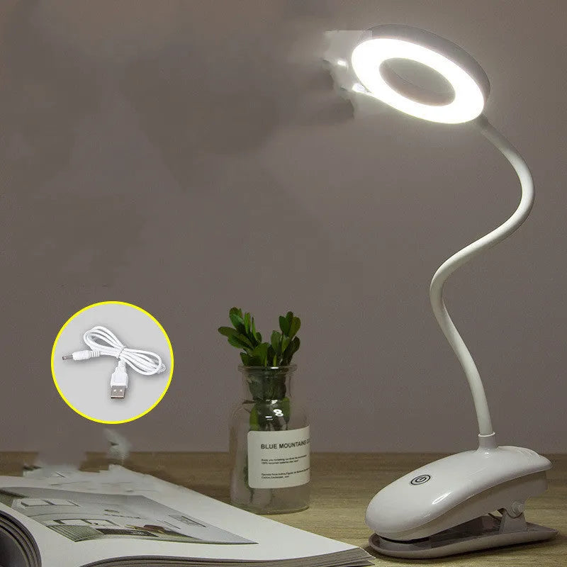 Clip-on rechargeable desk lamp with plastic shade and touch switch in a modern simple design