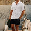 Men's grey polyester waffle fabric short sleeve shirt and matching shorts set for summer.