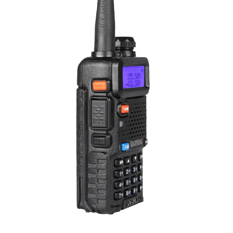 Black handheld VHF UHF walkie talkie with antenna, LCD display, and keypad.