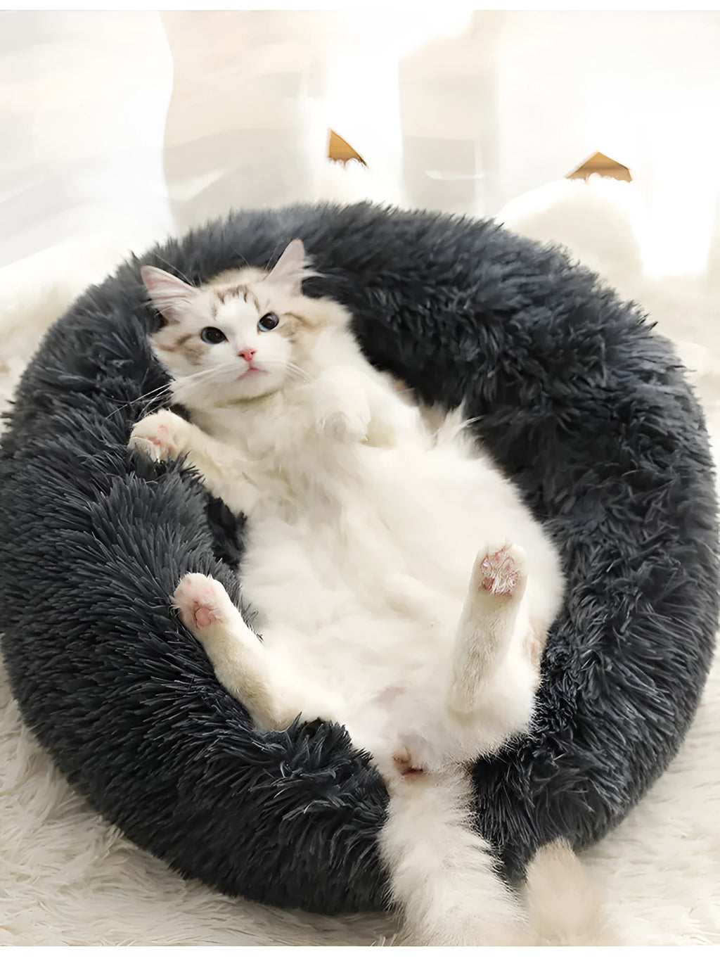 Soft thick plush round pet bed in donut shape with raised rim, available in khaki and other colours, sizes 40cm to 120cm