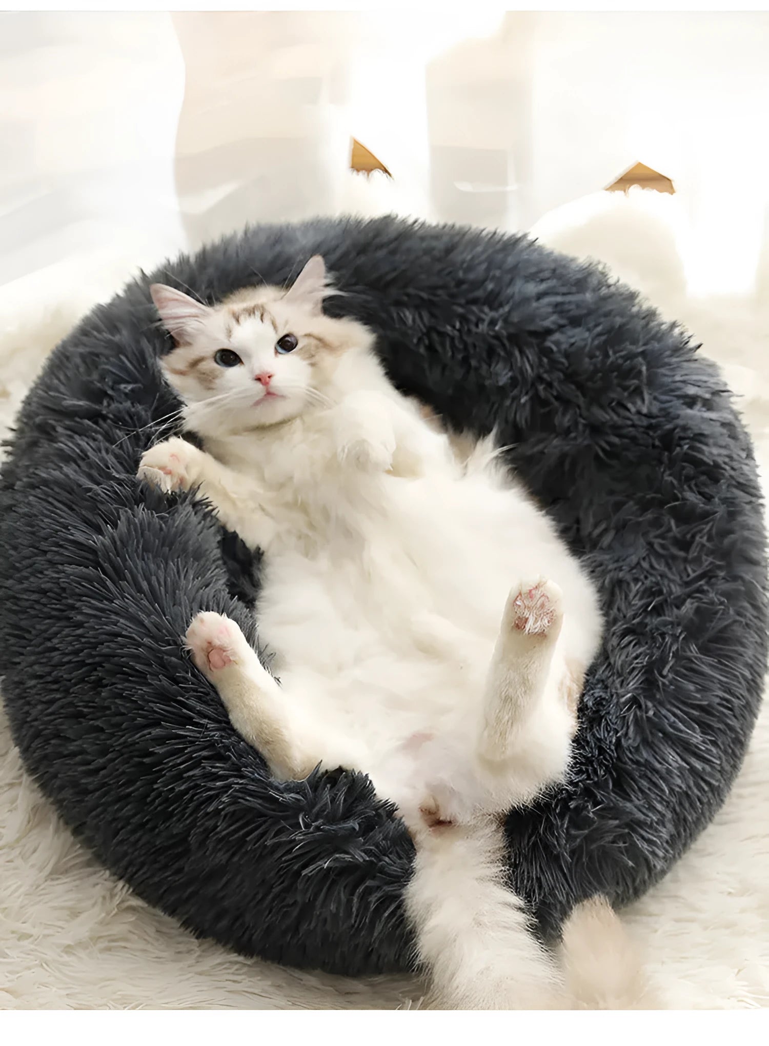 Soft thick plush round pet bed in donut shape with raised rim, available in khaki and other colours, sizes 40cm to 120cm