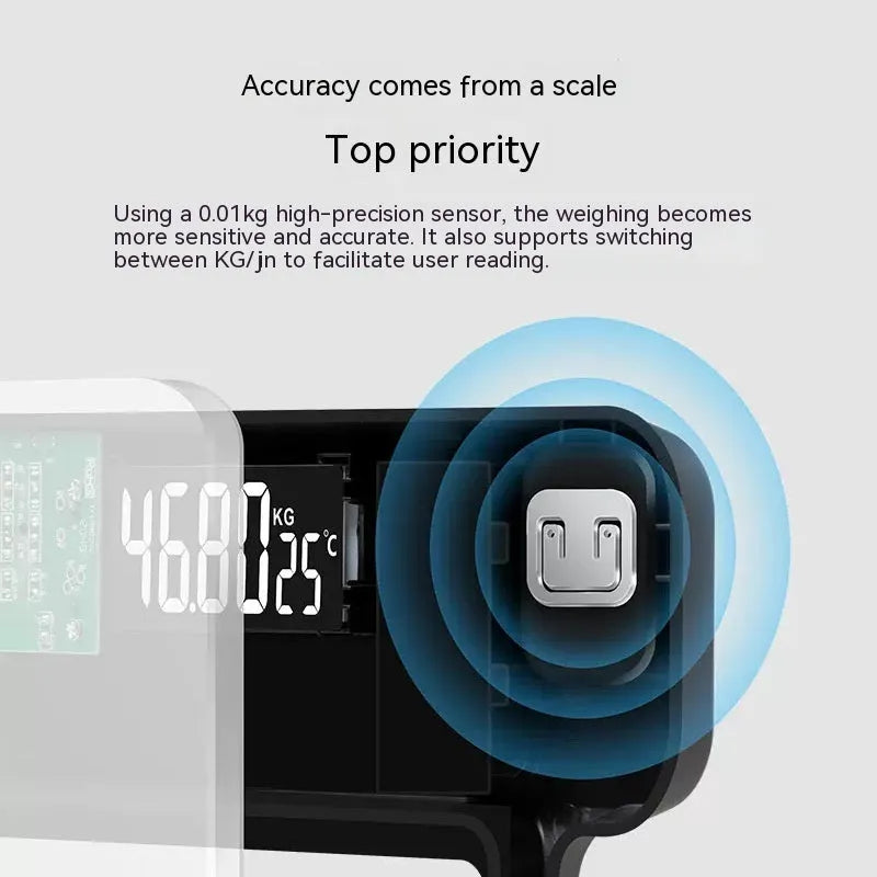 USB rechargeable electronic body weight scale in cross black, rose red, or white.