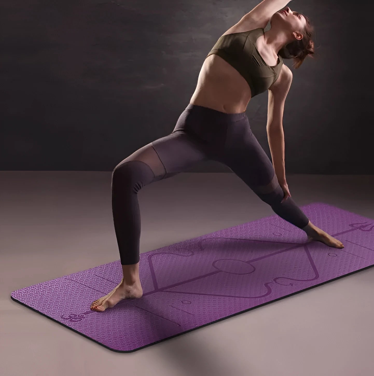 TPE yoga mat in bamboo blue with body position line, 6mm thick, rolled out on a wooden floor