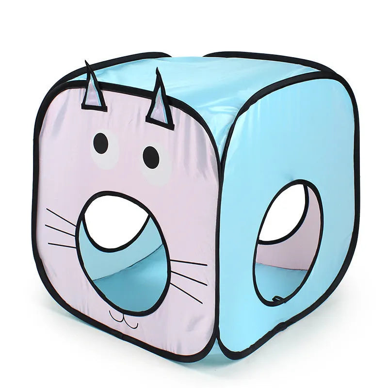 Foldable cat tent and tunnel toy set with cat and fish design in blue and orange colours