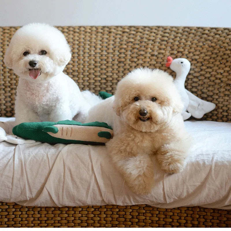 Green durable interactive plush toy dog, 35cm long, for children's play.