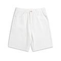 Men's straight-leg denim shorts in light blue, shown with a zip fly and mid-waist design.