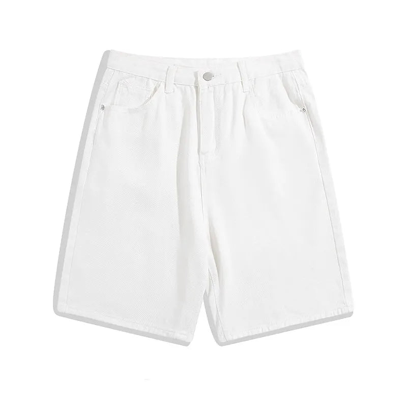 Men's straight-leg denim shorts in light blue, shown with a zip fly and mid-waist design.