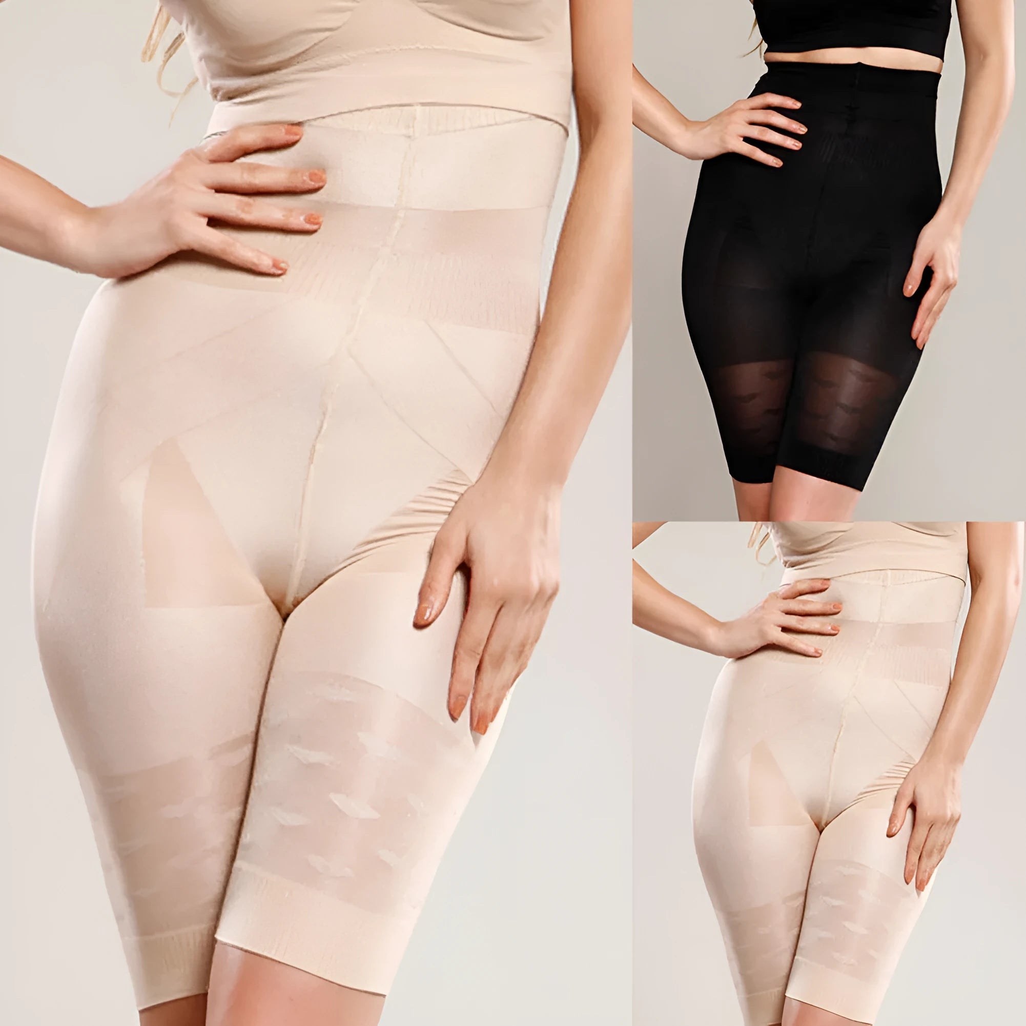 Women's high-waisted seamless shapewear shorts in black on a mannequin, showing tummy control design.