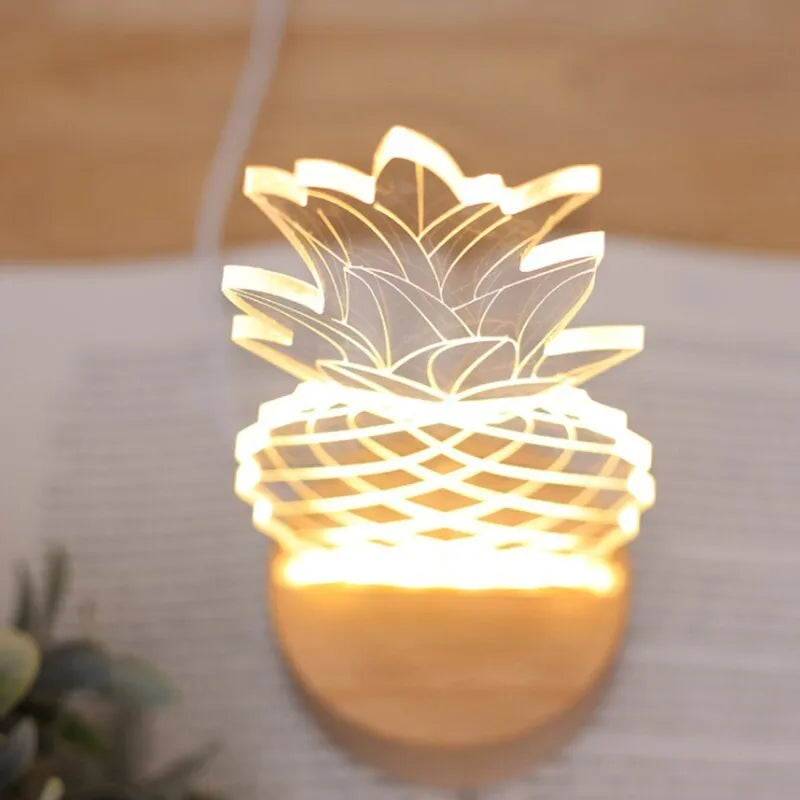 Cartoon pineapple-shaped bedside table lamp made of wood and acrylic with a USB cable.
