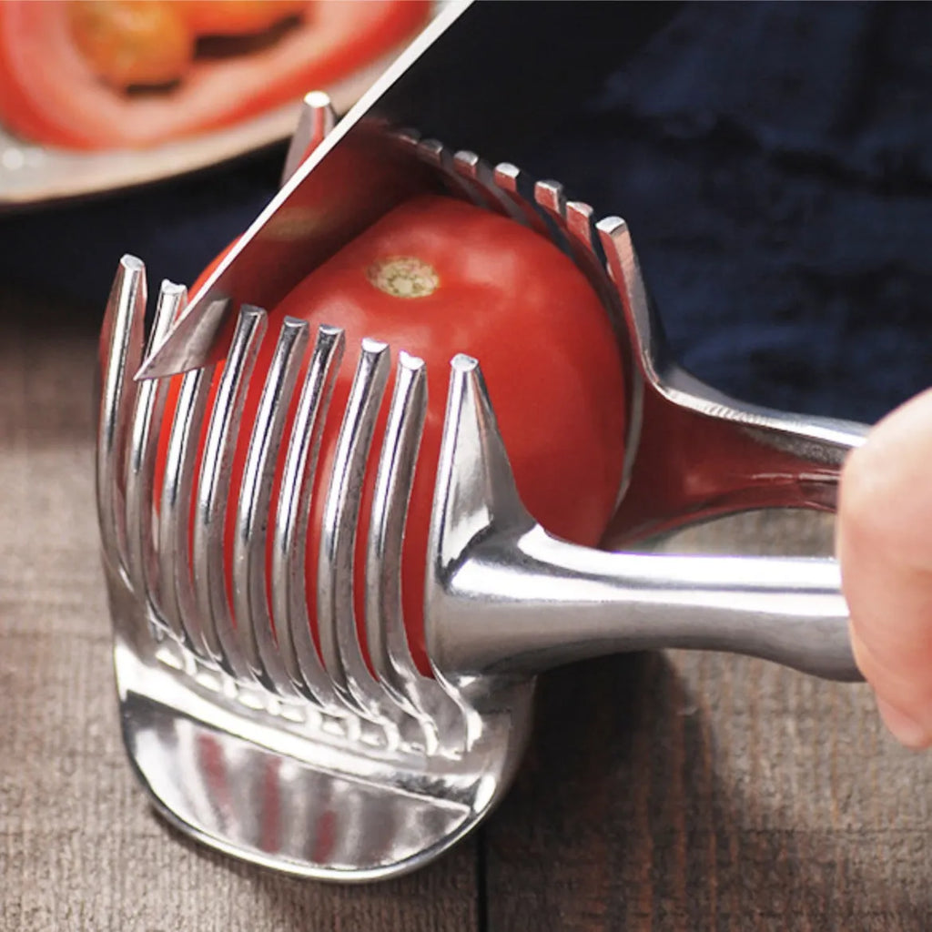 Silver plastic lemon slicer kitchen gadget for cutting fruit and vegetables