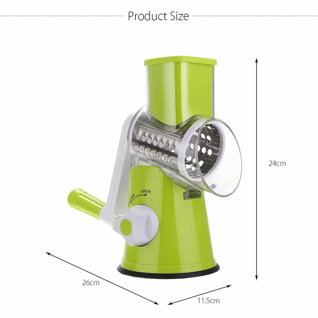 Blue green mandoline vegetable slicer with suction cup base and three stainless steel blades.