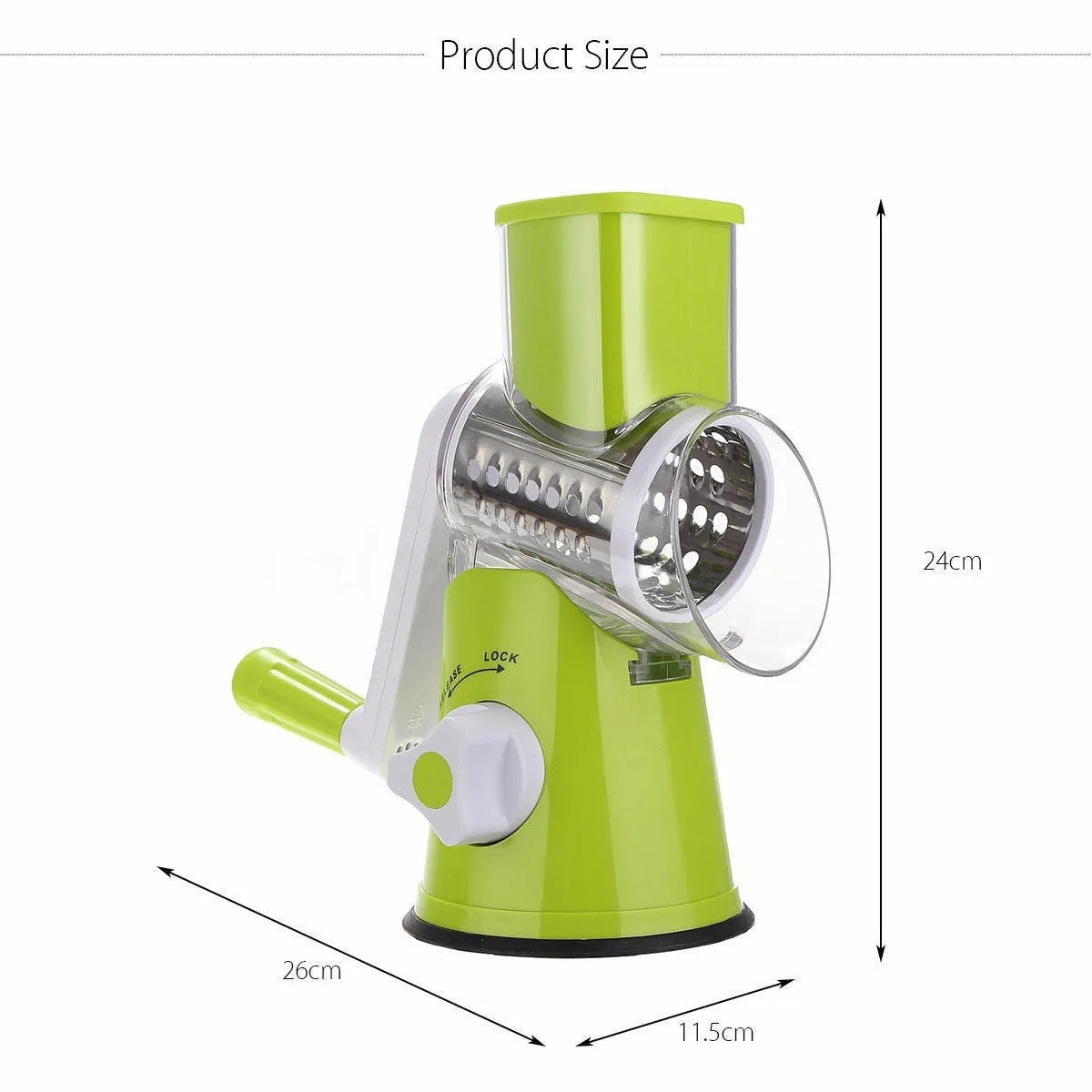 Blue green mandoline vegetable slicer with suction cup base and three stainless steel blades.