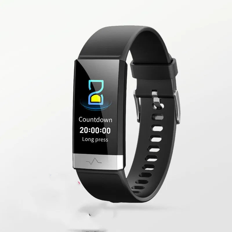 V19 smart bracelet showing display with health metrics, available in black blue red colours with TPU strap