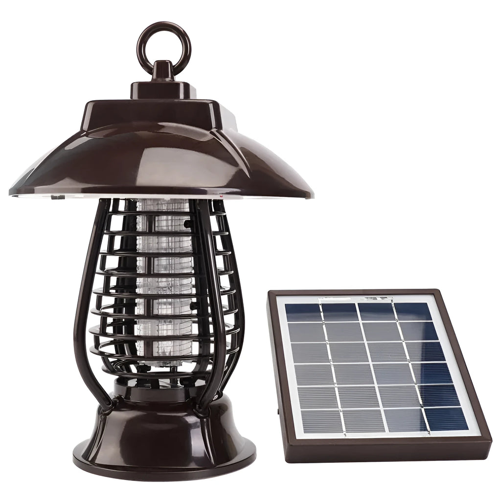 White outdoor solar mosquito lamp with solar panel on top and LED light beads, shown in a garden setting.
