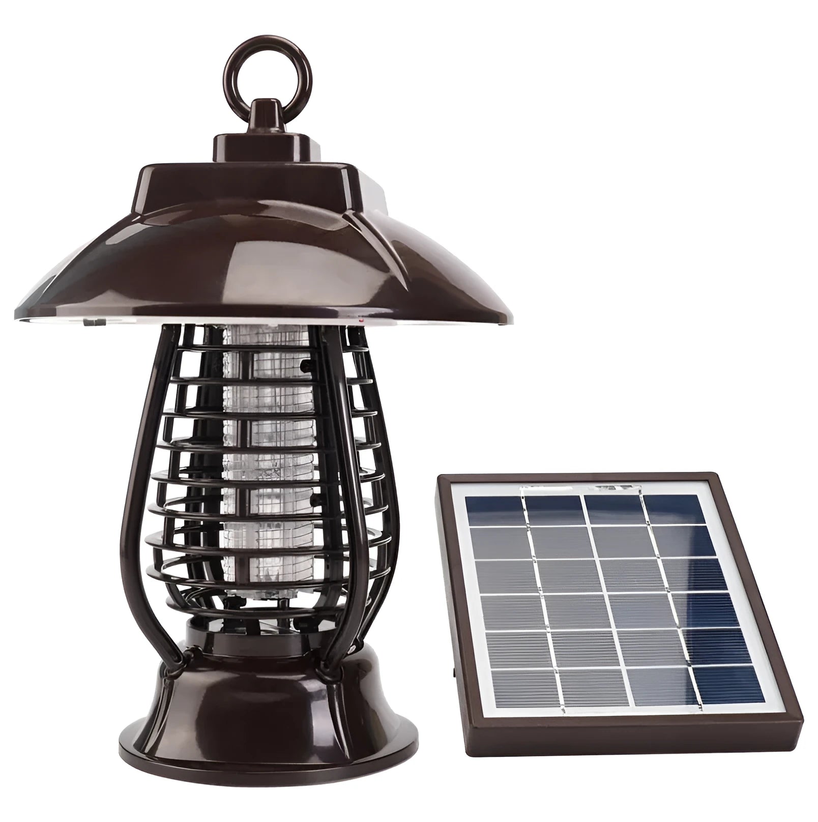White outdoor solar mosquito lamp with solar panel on top and LED light beads, shown in a garden setting.