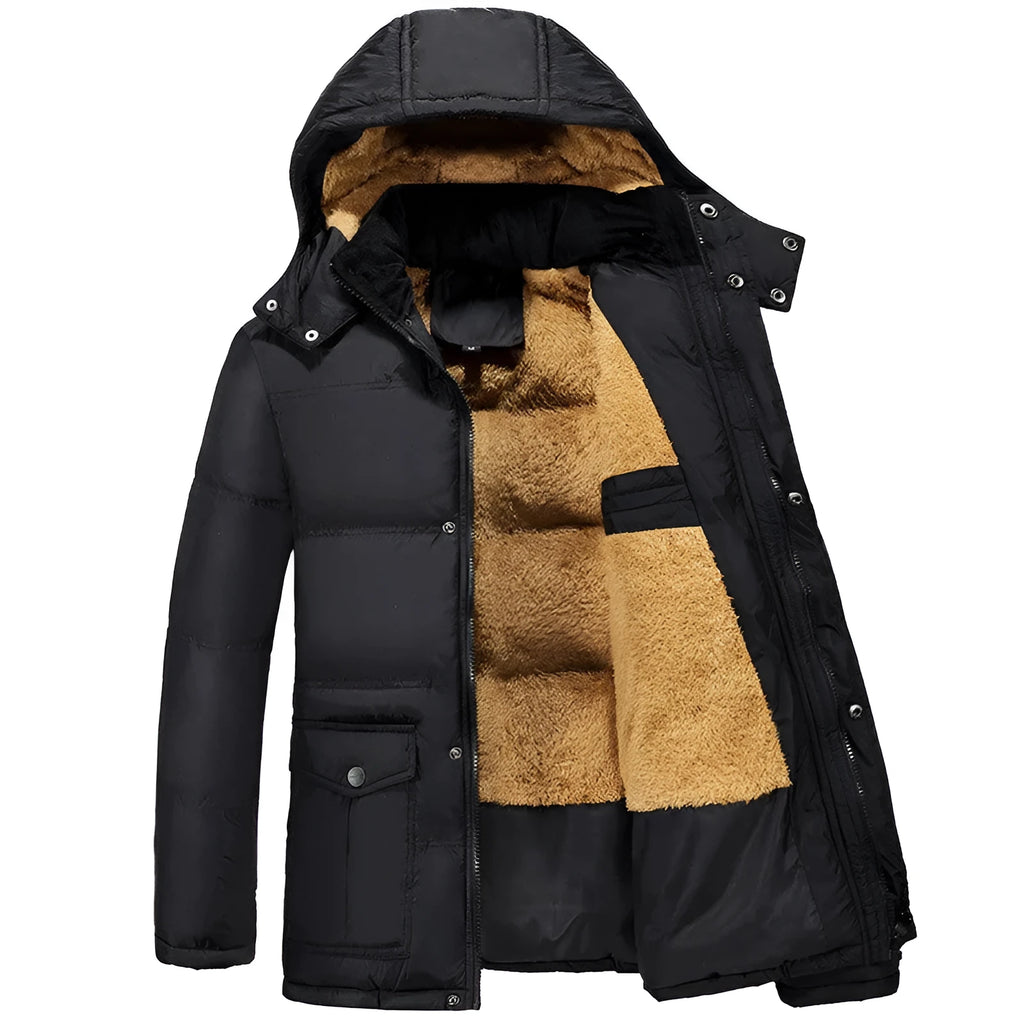 Men's black velvet padded winter jacket with hood and double breasted front closure