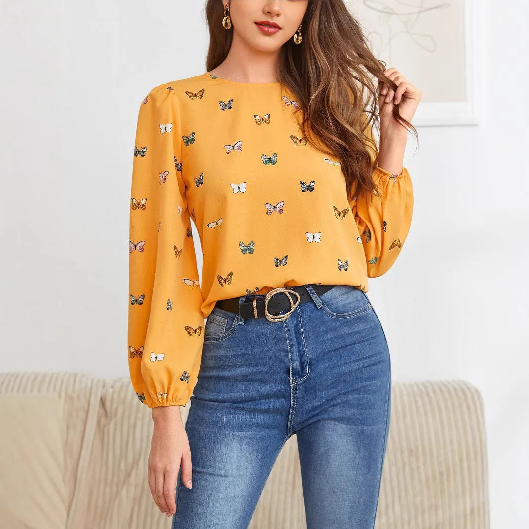 Women's green butterfly print long-sleeved loose fit shirt
