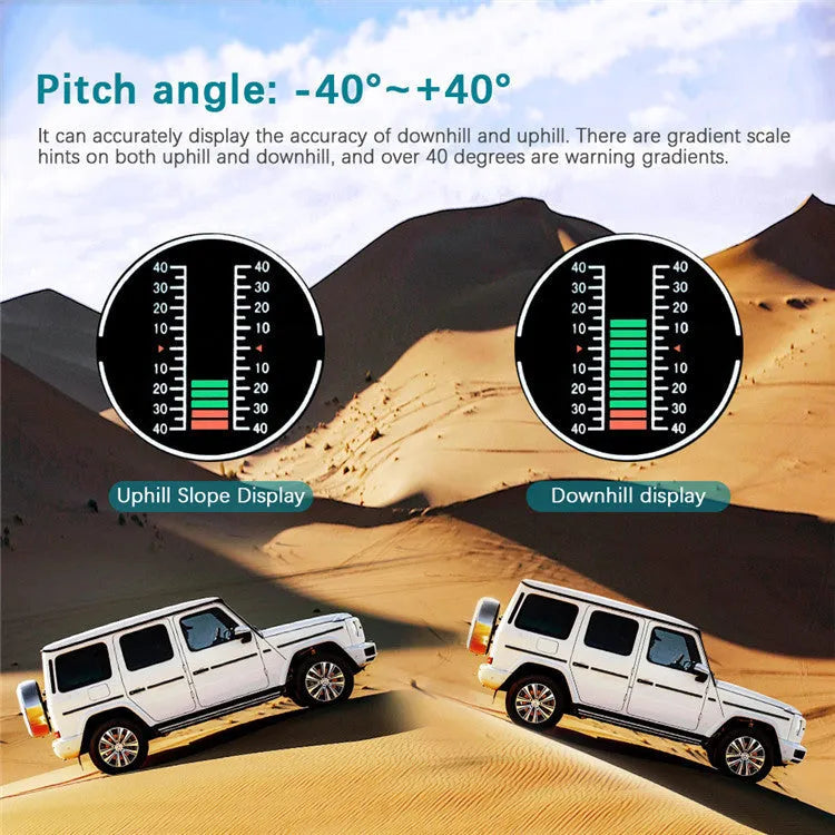 GPS GO 2 universal car head-up display with carbon fibre body on a dashboard showing speed and gradient data.
