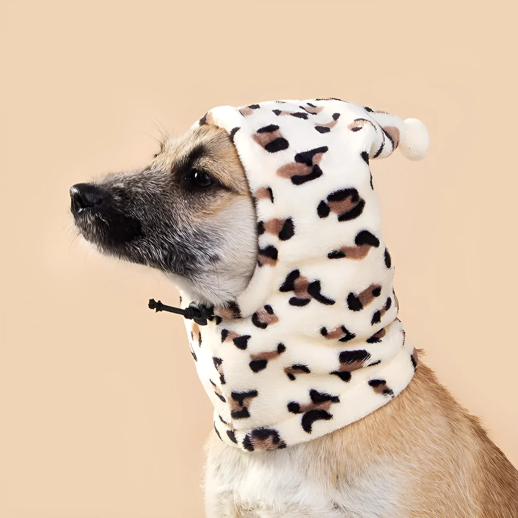 Cloth bear headdress with rabbit ears pet hat for a dog, shown in leopard print colour.