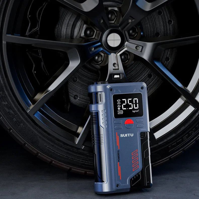 Wireless lithium battery emergency jump starter with tyre inflator measuring 206x110x54mm