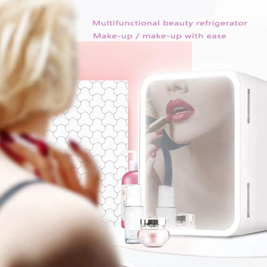 White portable cosmetic refrigerator cooler warmer with removable shelf for skincare products