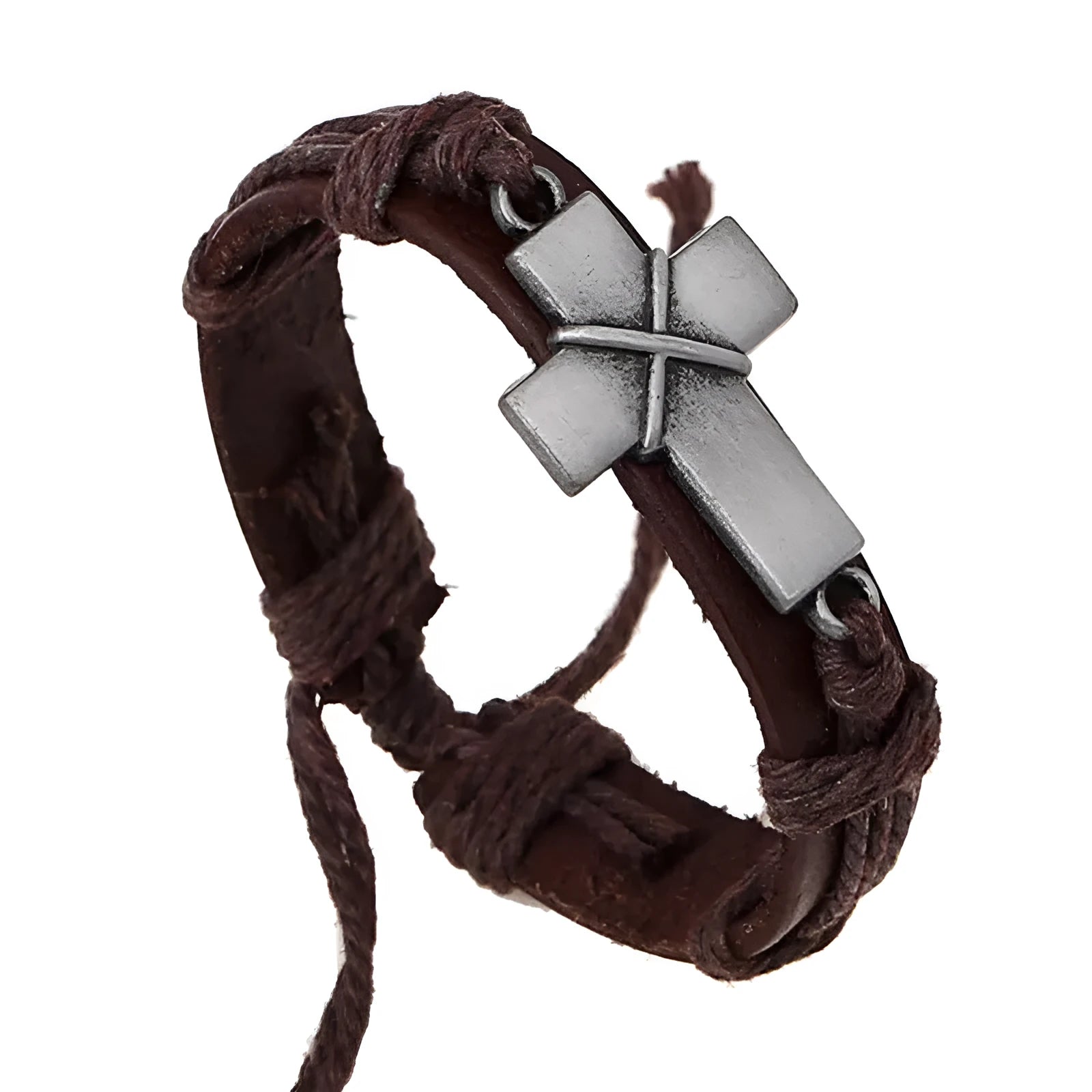 Brown leather cross bracelet with first layer cowhide and alloy accents on a neutral background
