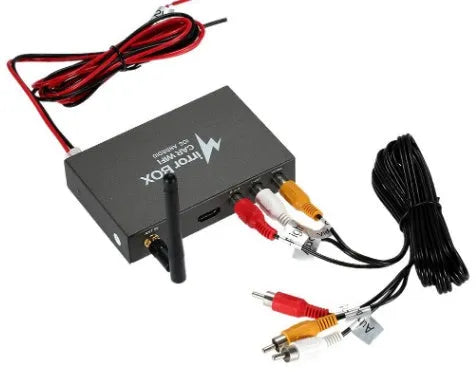 Black car Wi-Fi mirror box with antenna, power cable, and AV cable for smartphone to car screen display