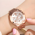 Luxury rose gold women casual watch with steel strap, 35mm dial, on a wrist