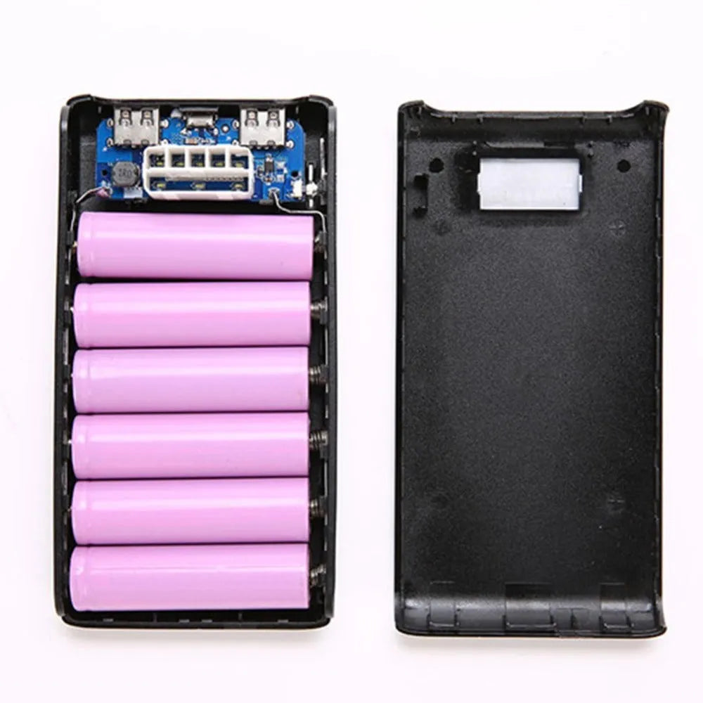 18650 DIY charging bank case kit showing front with ports and internal battery compartments for six cells
