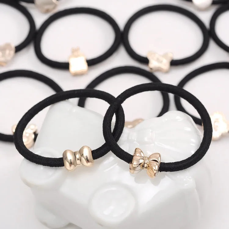 Korean style high elastic hair rings with gold bead plating, mixed colours, 50 pieces bulk pack