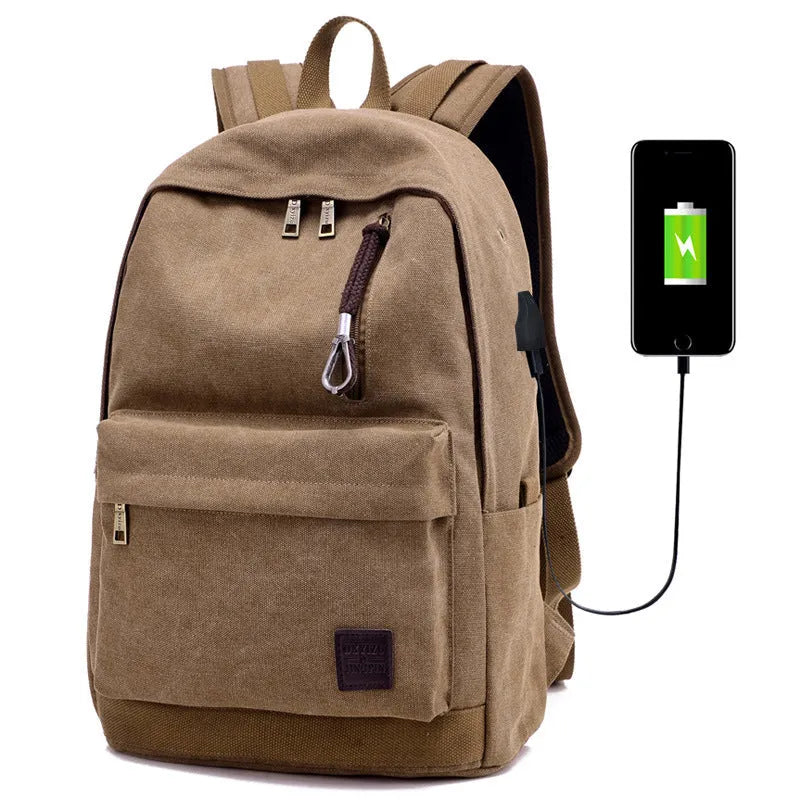 Canvas USB charging backpack with laptop compartment in neutral colour