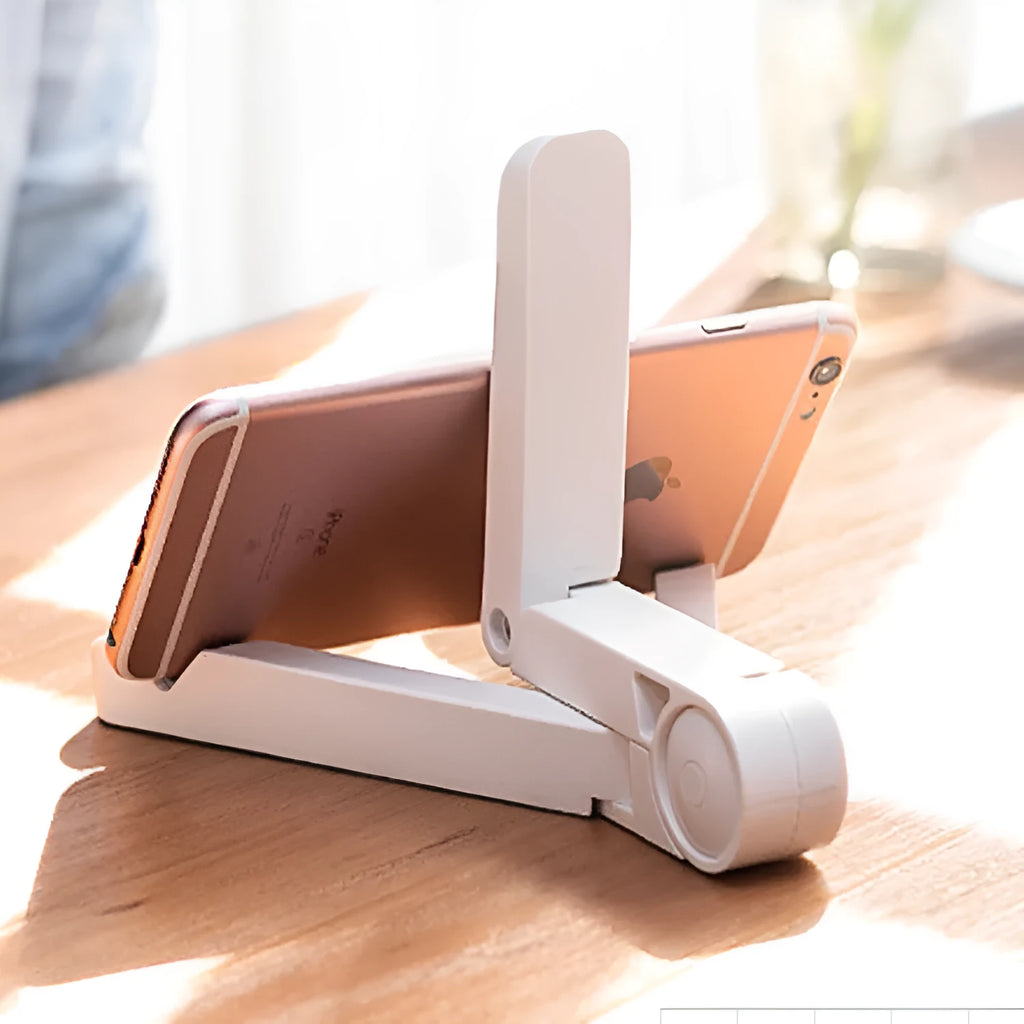 Black foldable tablet holder showing adjustable angles and rubber surface for device protection