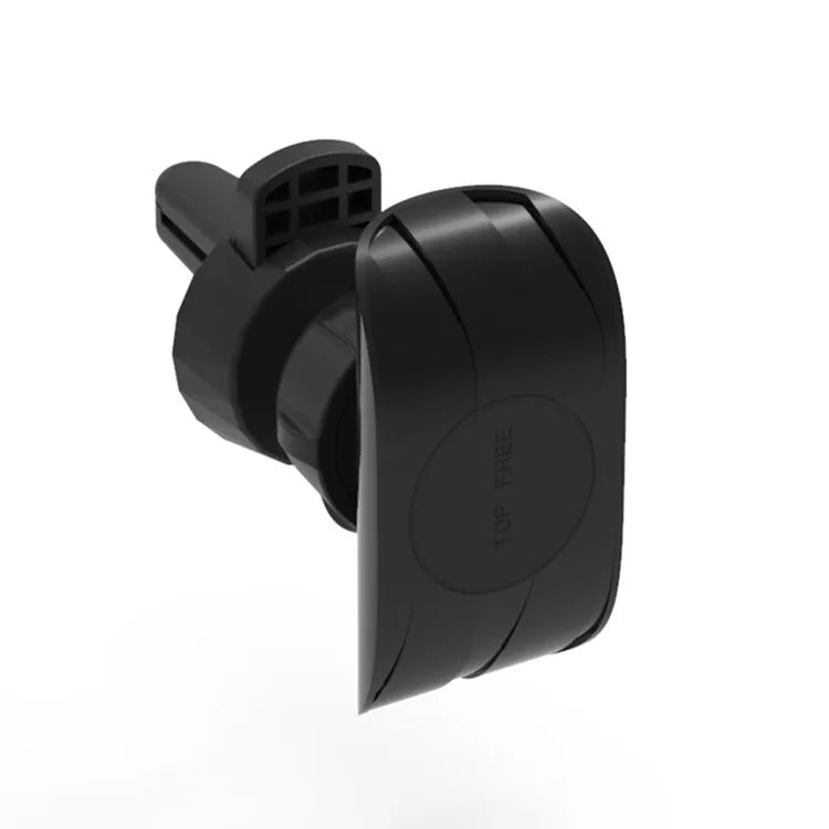 Black car phone holder mounted on vehicle air vent showing smartphone placement