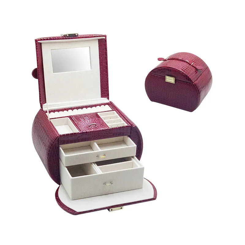Leather jewellery storage drawer box with hard shell, 22.5x16x17cm, plain pattern, multiple colours