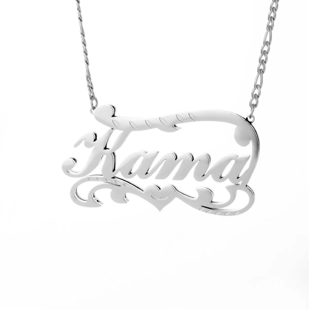 Personalised name necklace with double layer wave heart pendant in stainless steel