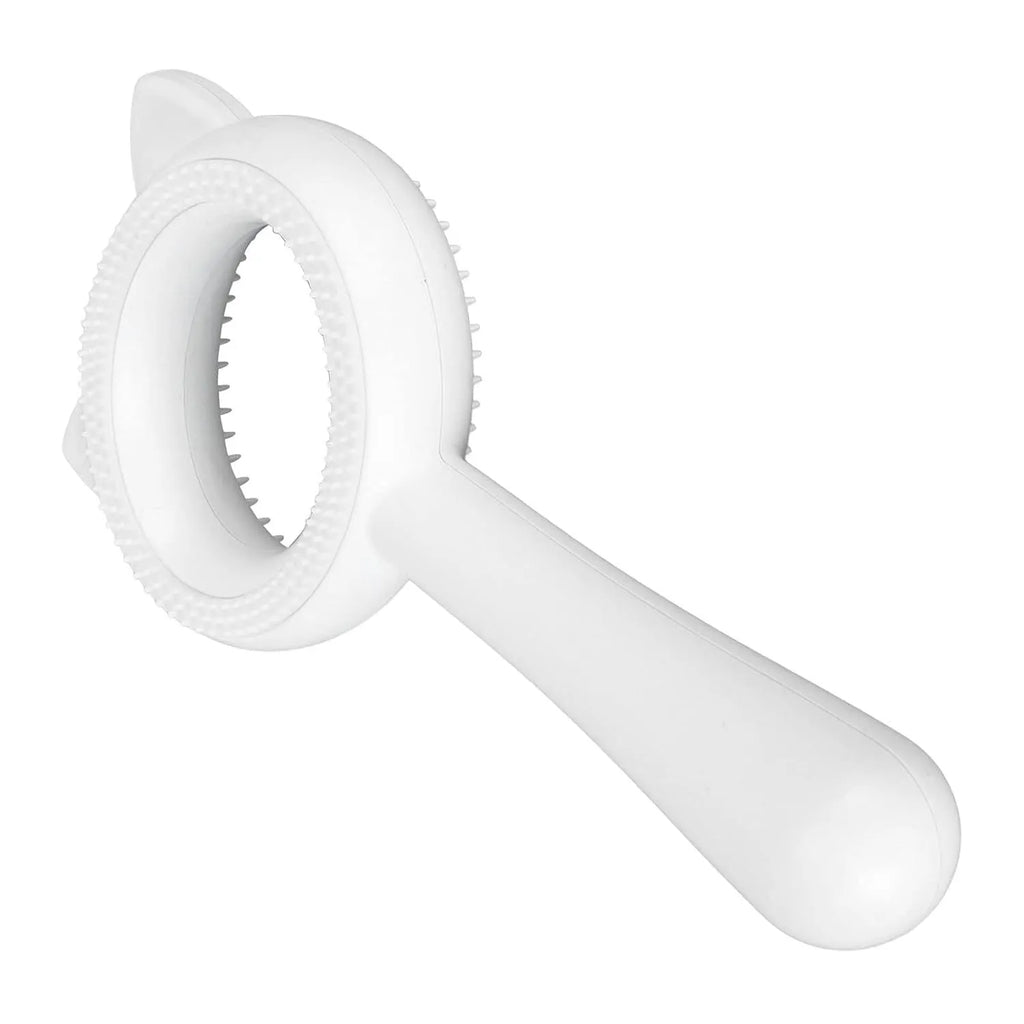 Blue and white double-sided pet grooming brush with ergonomic handle and quick clean-up button