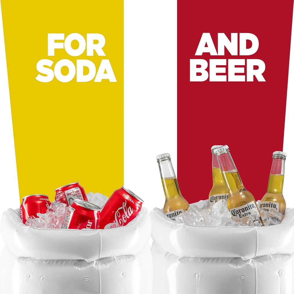 Large yellow inflatable beer mug cooler floating in a pool, showing its 44cm height and drink holders.