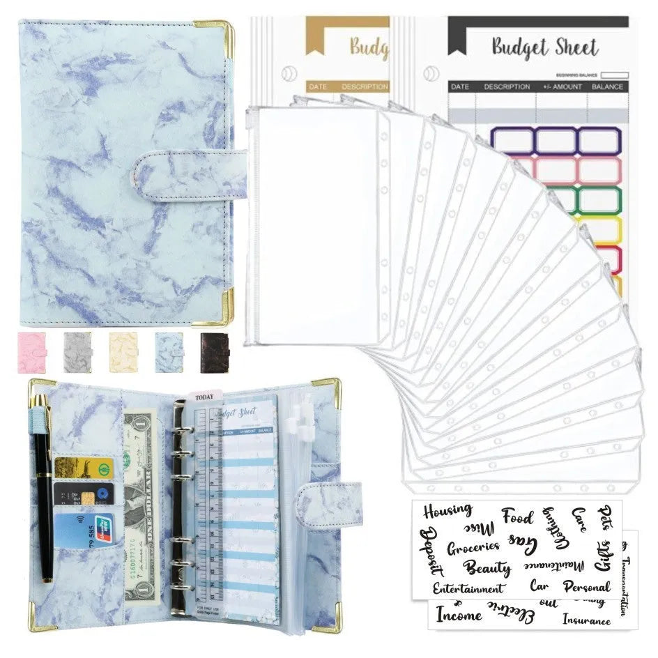 A6 loose-leaf binder journal with marbling leather PU cover, open to show budget sheets and zip pockets