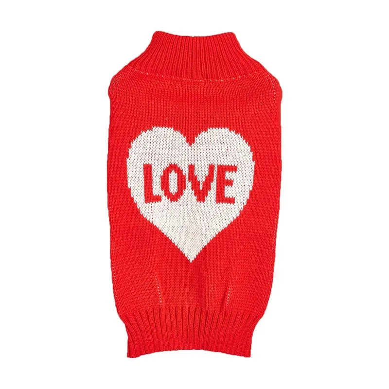 Red love heart design dog sweater on small dog showing acrylic knit and decorative motifs