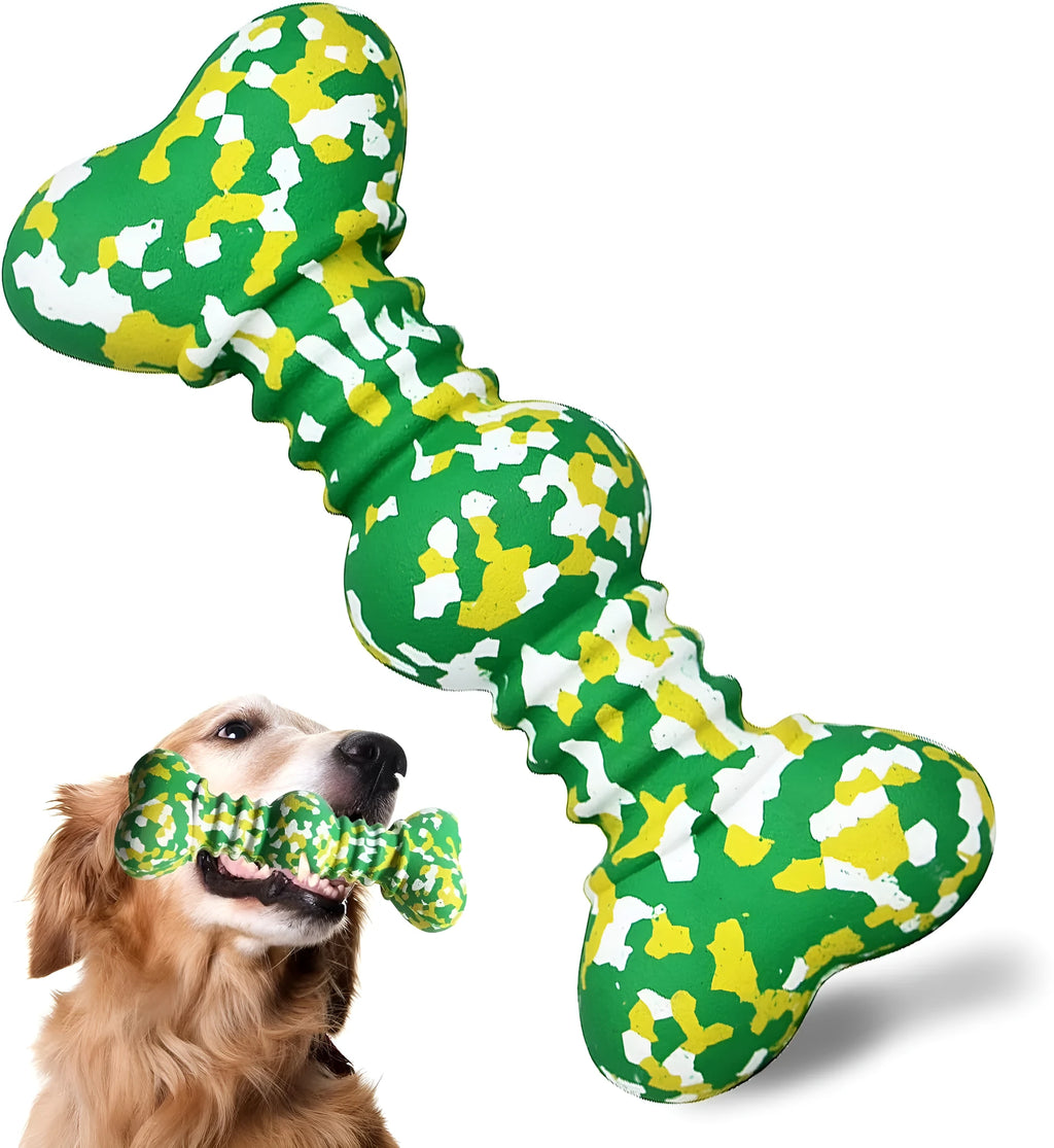 USDA Organic certified natural rubber dog chew toy in camouflage pattern, two size options for medium to large breeds