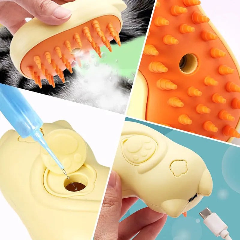 White and grey 3-in-1 steam brush for grooming cats and dogs on a blue background.