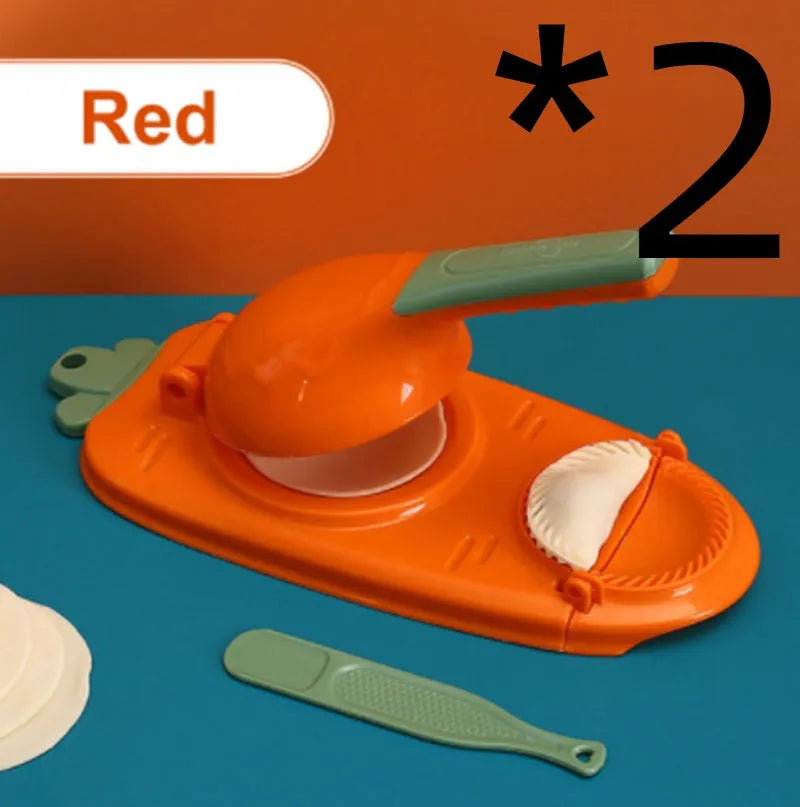 Orange and white 2-in-1 kitchen dumpling making tool with ergonomic handle and hanging hole
