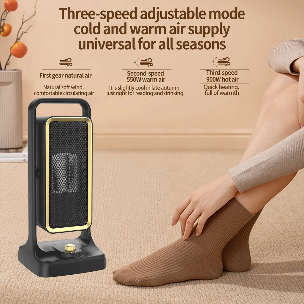 Black compact PTC ceramic desktop personal heater with control knob.